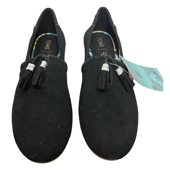 New with Box Toms Kelli black suede tassel slip on mini wedge flats size 9 - Picture 7 of 16